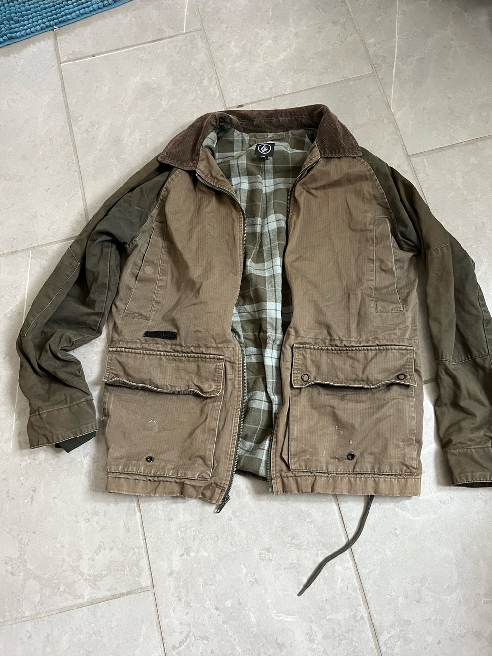 Volcom Olive and Brown Military Field Jacket with Plaid Lining